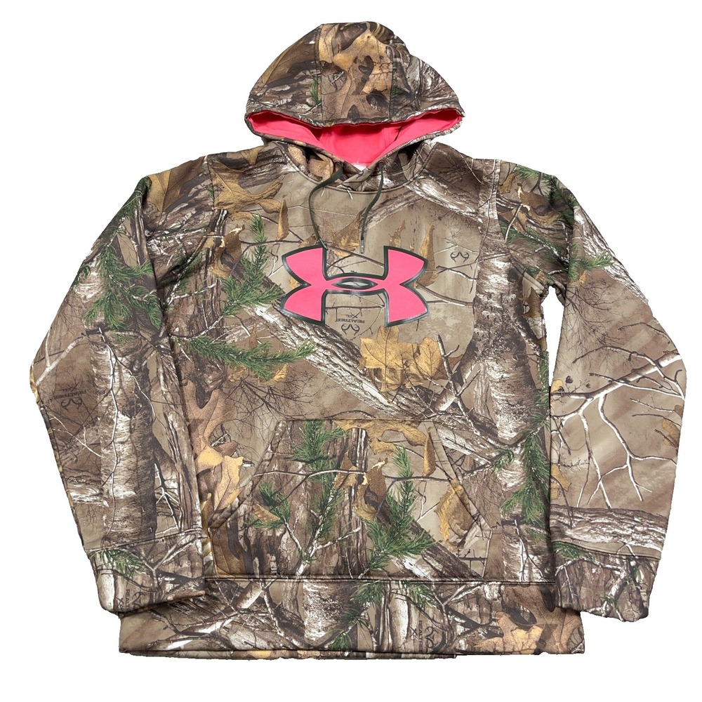 Under Armour Hoodie Women Medium Camo Realtree Pink Logo Sweatshirt Cold Gear B2